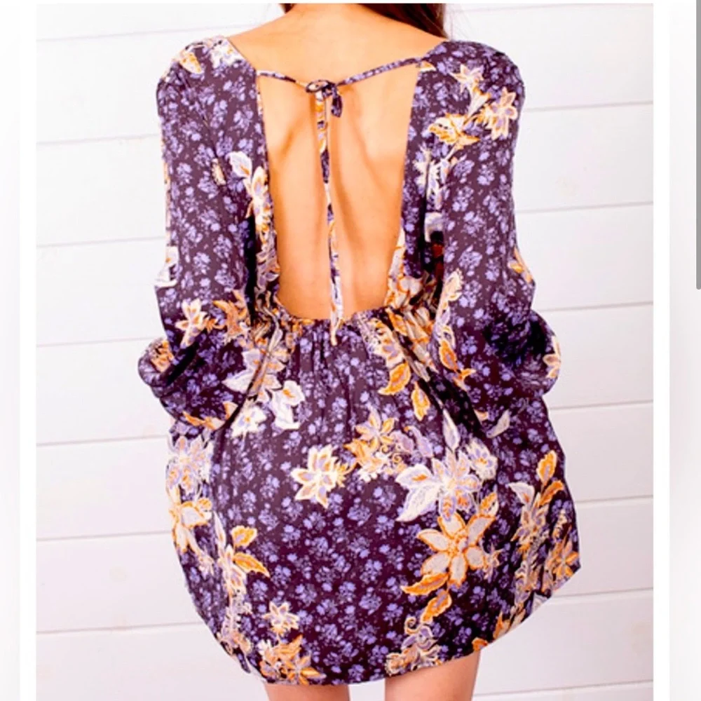Free People Boho Purple Low Back Mini Dress Flowy Detailed NWT Size XS